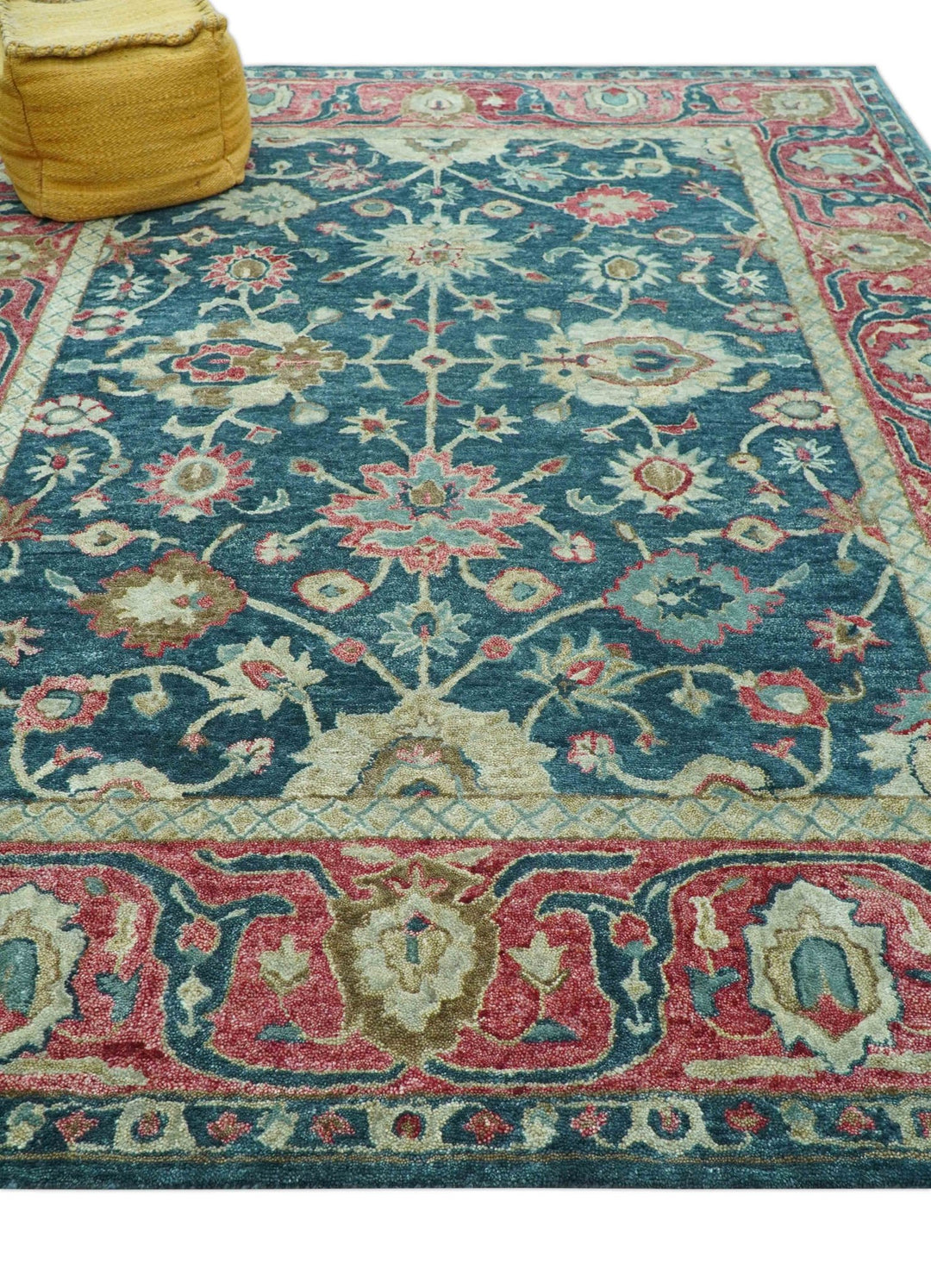 Custom Made Traditional Oushak Design Teal Hand Tufted Wool Rug - The Rug Decor