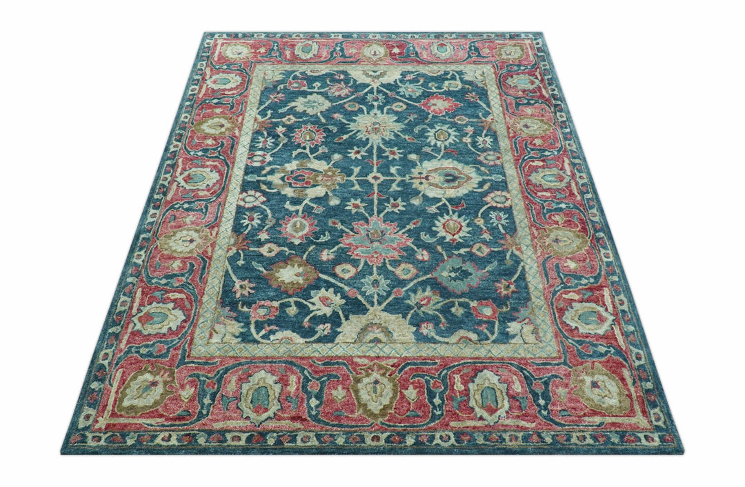 Custom Made Traditional Oushak Design Teal Hand Tufted Wool Rug - The Rug Decor