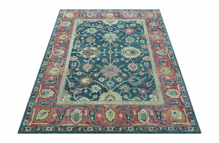 Custom Made Traditional Oushak Design Teal Hand Tufted Wool Rug - The Rug Decor