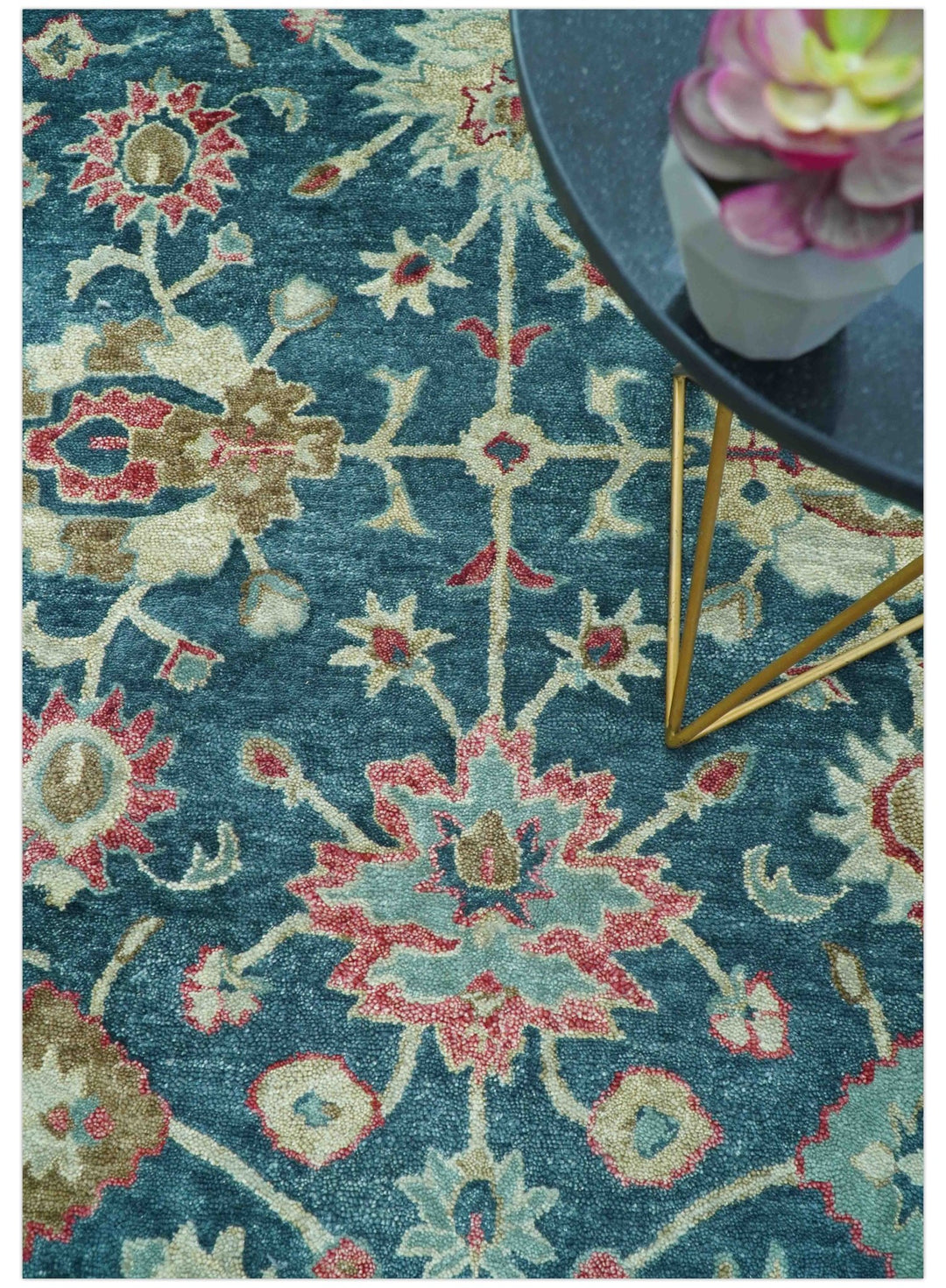 Custom Made Traditional Oushak Design Teal Hand Tufted Wool Rug - The Rug Decor