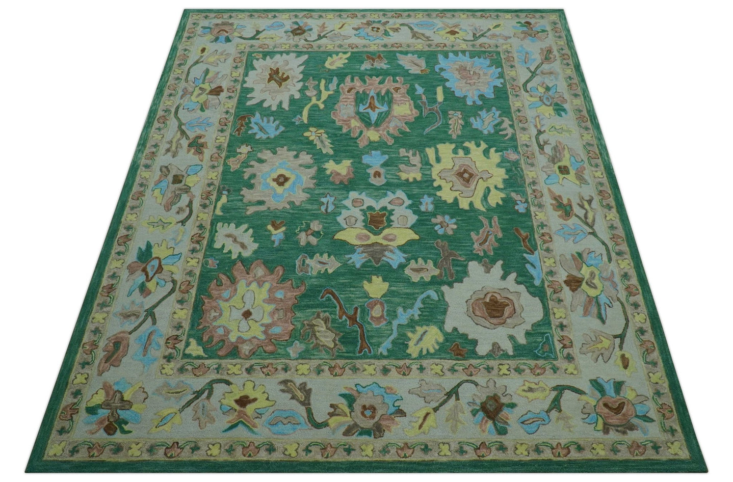 Custom Made Traditional Oushak Green Hand Tufted Wool Area Rug - The Rug Decor