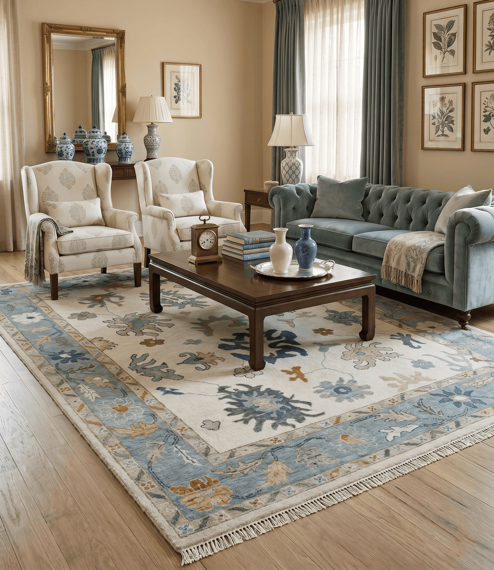 Custom Made Traditional Oushak Ivory and Silver Hand knotted wool Area Rug - The Rug Decor