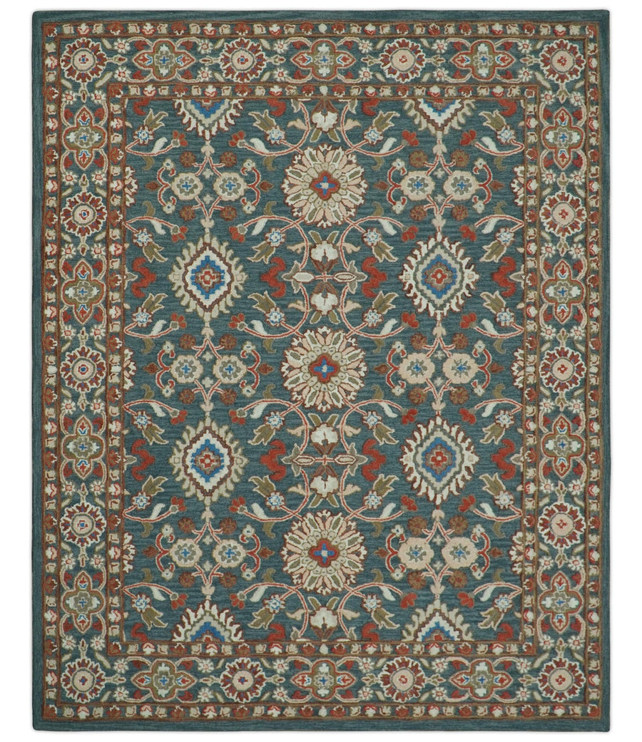 Custom Made Traditional Persian Design Silver, Blue And Rust Hand Tufted Wool Area Rug - The Rug Decor