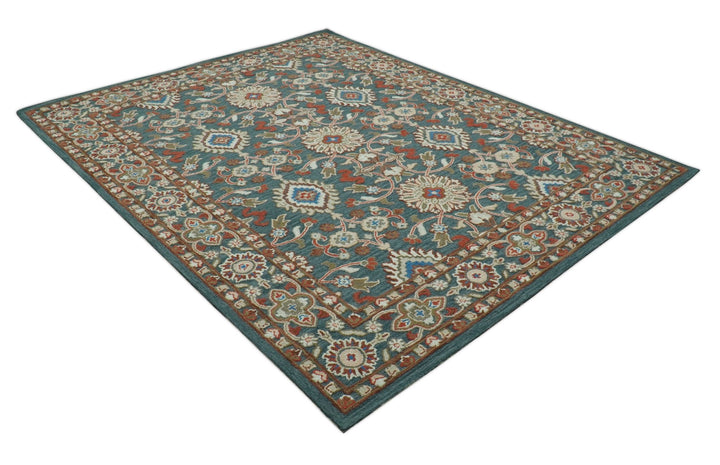 Custom Made Traditional Persian Design Silver, Blue And Rust Hand Tufted Wool Area Rug - The Rug Decor