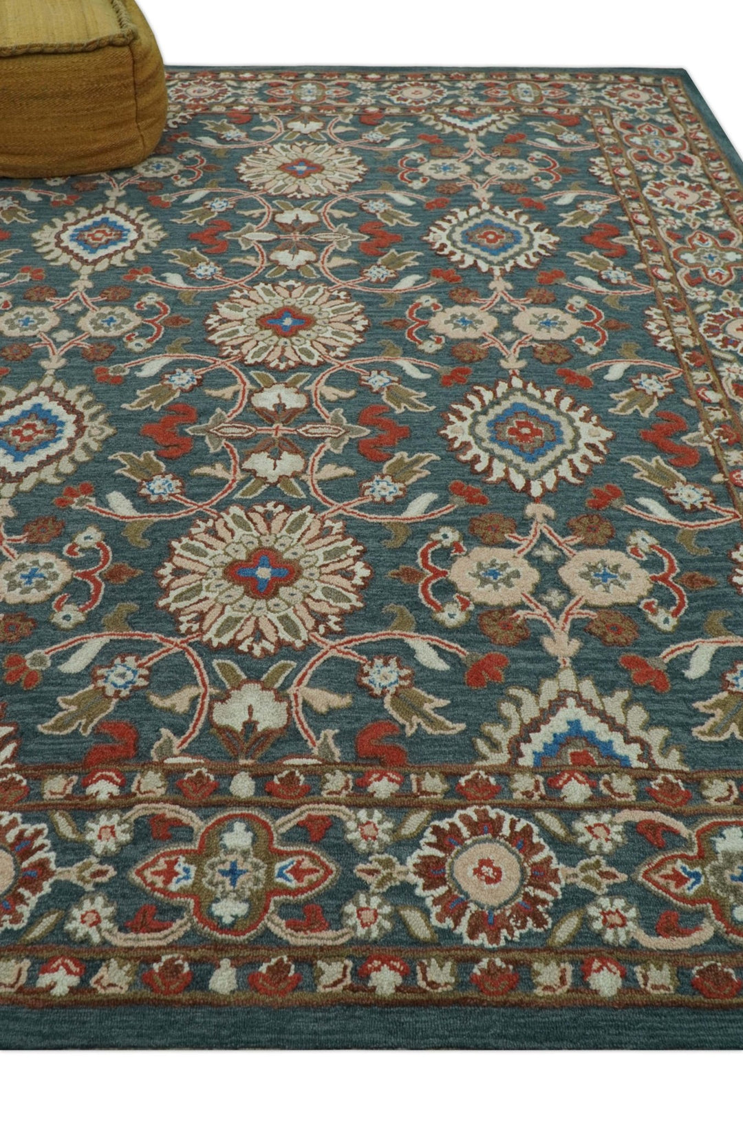 Custom Made Traditional Persian Design Silver, Blue And Rust Hand Tufted Wool Area Rug - The Rug Decor