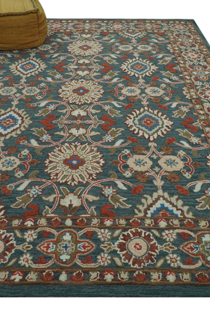 Custom Made Traditional Persian Design Silver, Blue And Rust Hand Tufted Wool Area Rug - The Rug Decor