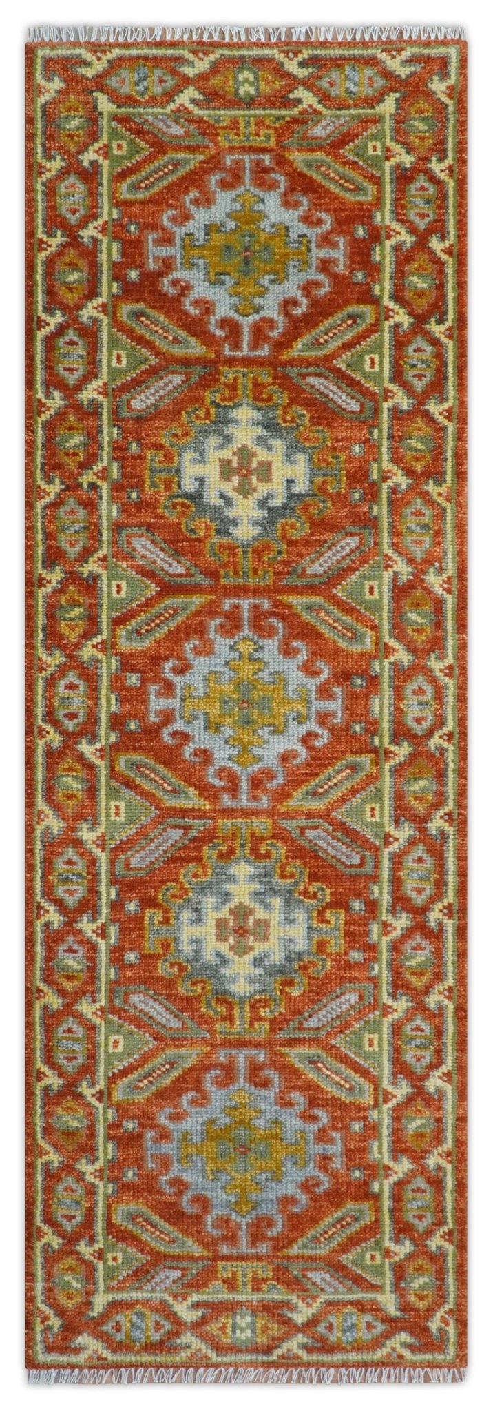Custom Made Traditional Rust And Green Hand Knotted Runner Wool Rug - The Rug Decor