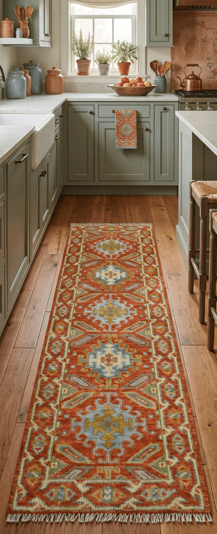 Custom Made Traditional Rust And Green Hand Knotted Runner Wool Rug - The Rug Decor