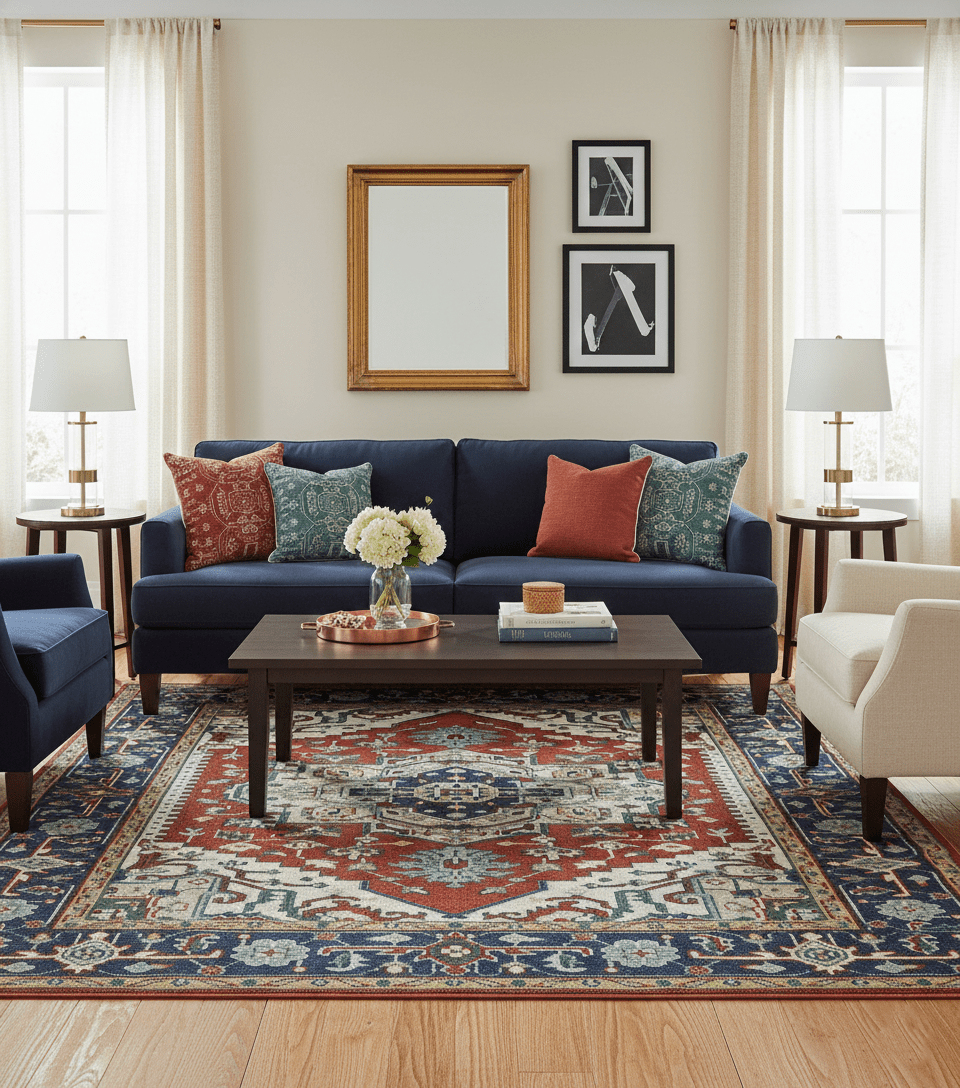 Custom Made Traditional Rust, Ivory and Blue Heriz Medallion Wool Area Rug - The Rug Decor