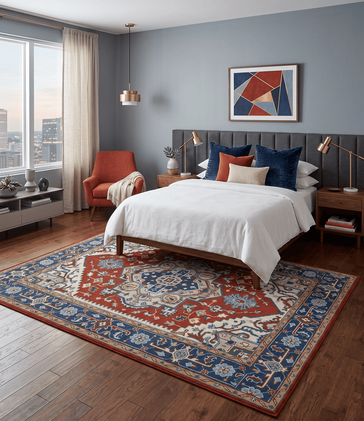 Custom Made Traditional Rust, Ivory and Blue Heriz Medallion Wool Area Rug - The Rug Decor