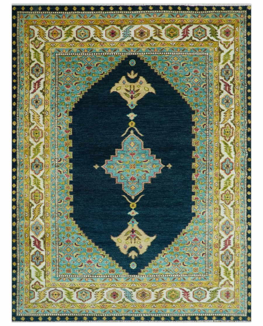 Custom Made Traditional Serapi Design Blue And Mustard Hand Knotted Wool Rug - The Rug Decor