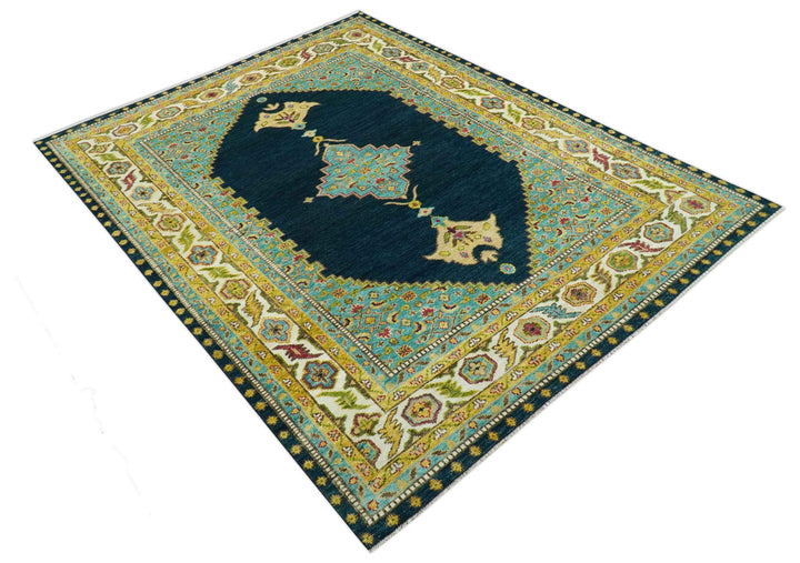 Custom Made Traditional Serapi Design Blue And Mustard Hand Knotted Wool Rug - The Rug Decor