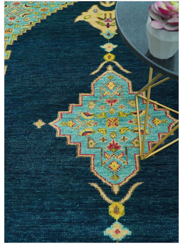 Custom Made Traditional Serapi Design Blue And Mustard Hand Knotted Wool Rug - The Rug Decor