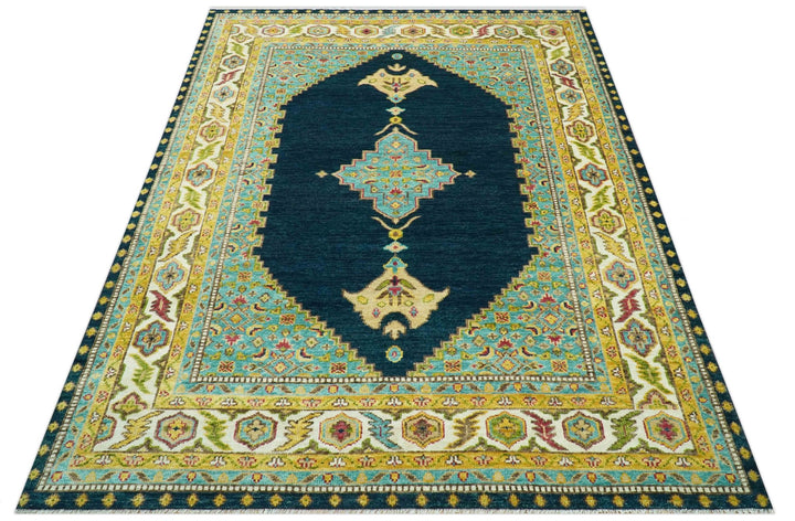 Custom Made Traditional Serapi Design Blue And Mustard Hand Knotted Wool Rug - The Rug Decor