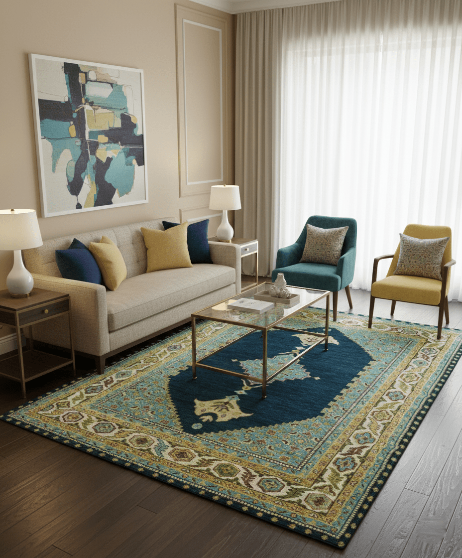 Custom Made Traditional Serapi Design Blue And Mustard Hand Knotted Wool Rug - The Rug Decor