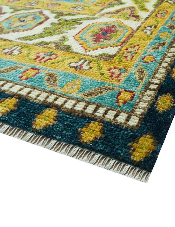 Custom Made Traditional Serapi Design Blue And Mustard Hand Knotted Wool Rug - The Rug Decor
