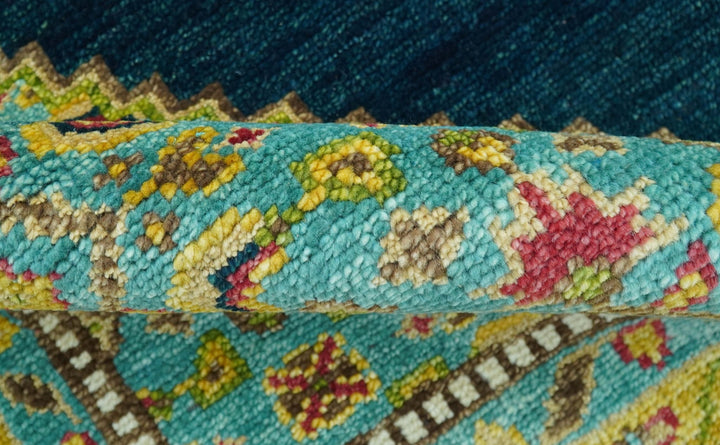 Custom Made Traditional Serapi Design Blue And Mustard Hand Knotted Wool Rug - The Rug Decor