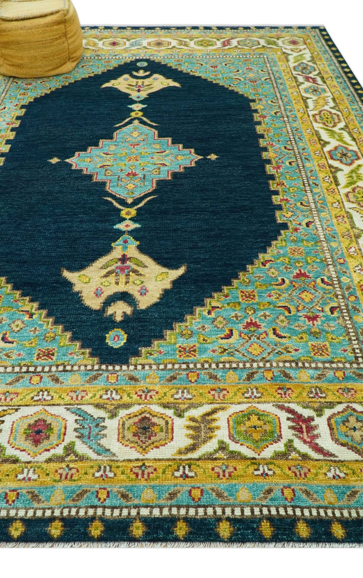 Custom Made Traditional Serapi Design Blue And Mustard Hand Knotted Wool Rug - The Rug Decor
