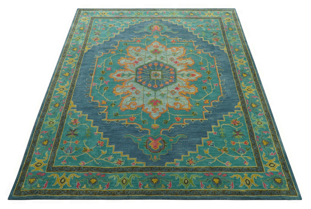 Custom Made Traditional Serapi Design Blue And Yellow Hand Tufted Wool Rug - The Rug Decor