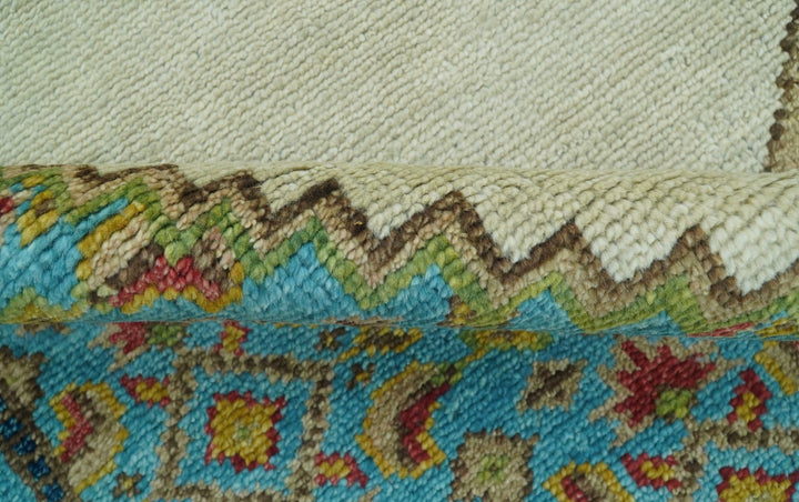 Custom Made Traditional Serapi Design Ivory And Blue Hand Knotted Wool Rug - The Rug Decor