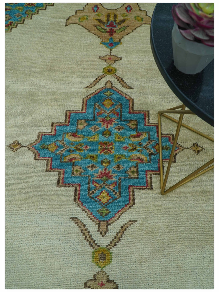 Custom Made Traditional Serapi Design Ivory And Blue Hand Knotted Wool Rug - The Rug Decor