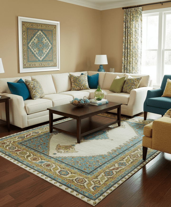 Custom Made Traditional Serapi Design Ivory And Blue Hand Knotted Wool Rug - The Rug Decor