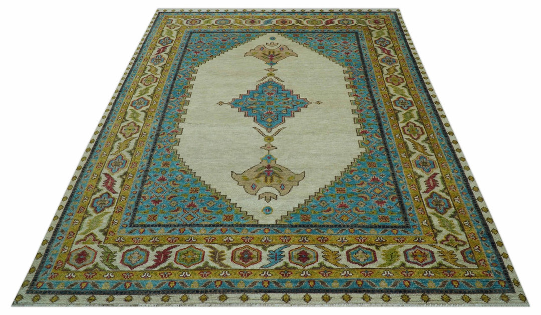 Custom Made Traditional Serapi Design Ivory And Blue Hand Knotted Wool Rug - The Rug Decor