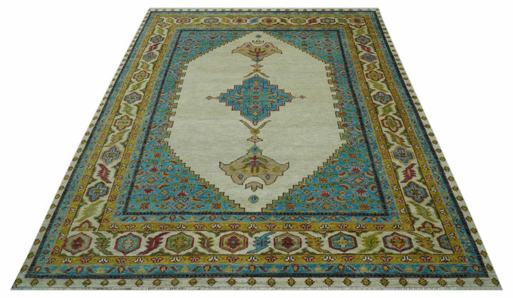 Custom Made Traditional Serapi Design Ivory And Blue Hand Knotted Wool Rug - The Rug Decor