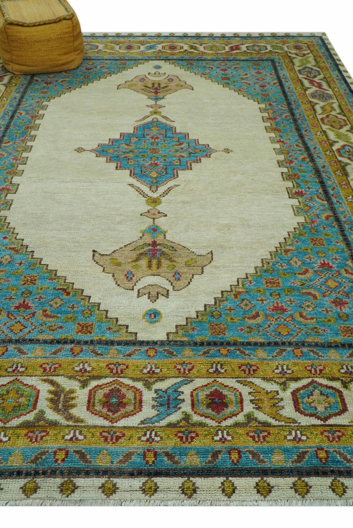 Custom Made Traditional Serapi Design Ivory And Blue Hand Knotted Wool Rug - The Rug Decor