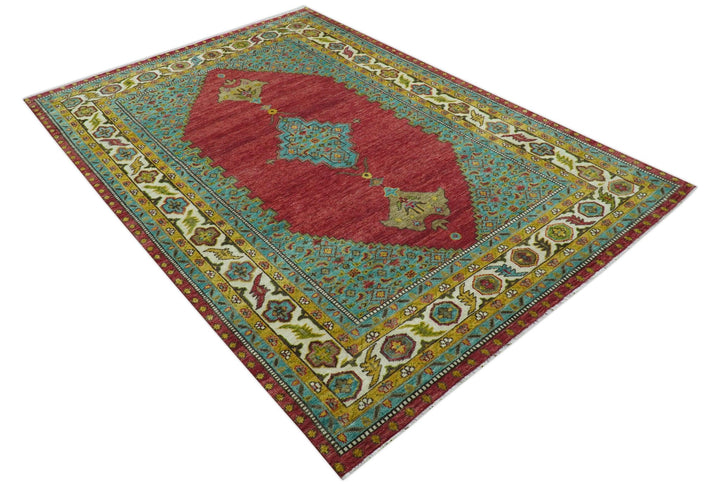 Custom Made Traditional Serapi Red And Blue Hand Knotted Wool Rug - The Rug Decor