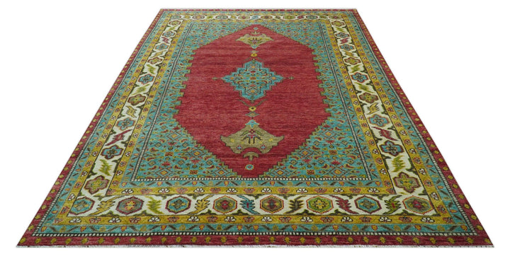 Custom Made Traditional Serapi Red And Blue Hand Knotted Wool Rug - The Rug Decor
