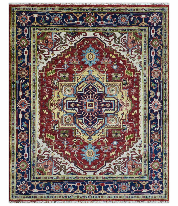 Custom Made Traditional Serapi Rust And Blue Hand Knotted wool area rug - The Rug Decor