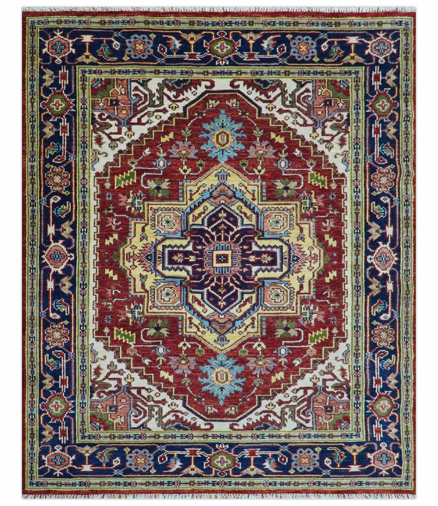 Custom Made Traditional Serapi Rust And Blue Hand Knotted wool area rug - The Rug Decor