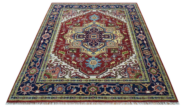 Custom Made Traditional Serapi Rust And Blue Hand Knotted wool area rug - The Rug Decor