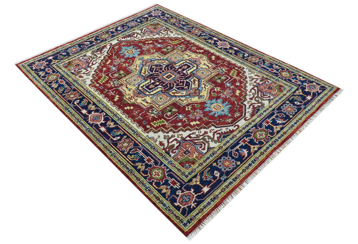 Custom Made Traditional Serapi Rust And Blue Hand Knotted wool area rug - The Rug Decor