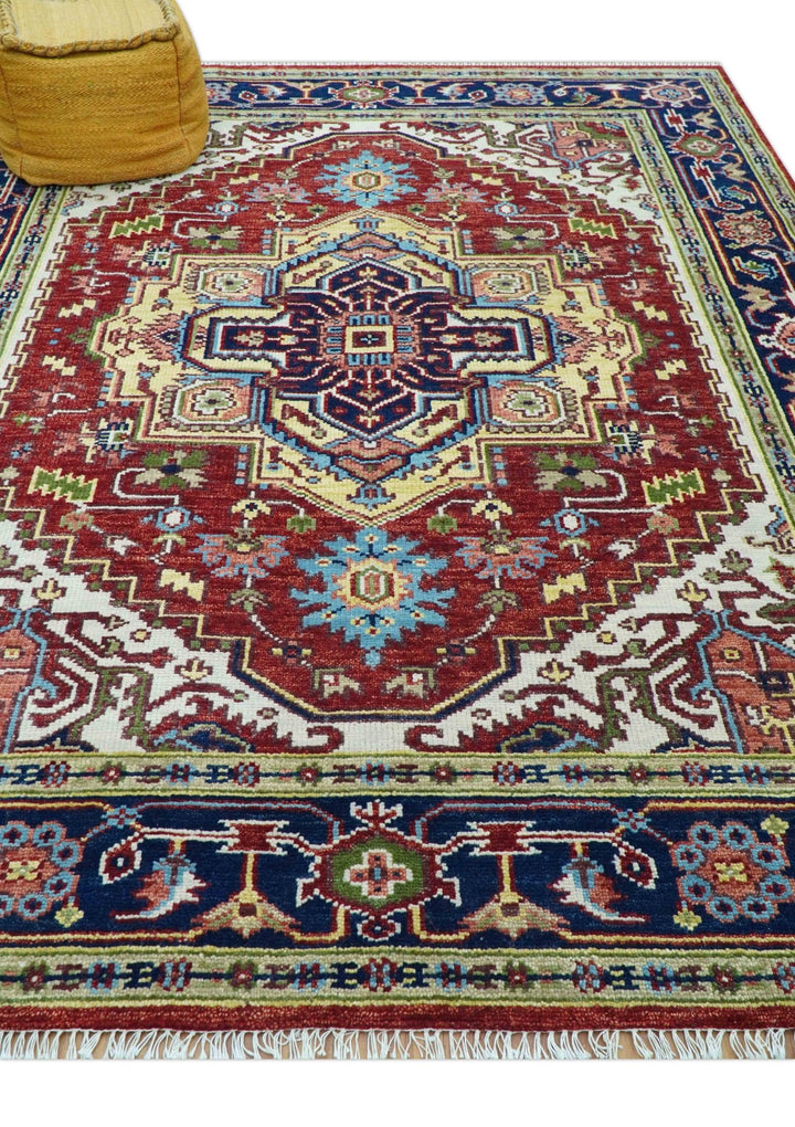 Custom Made Traditional Serapi Rust And Blue Hand Knotted wool area rug - The Rug Decor