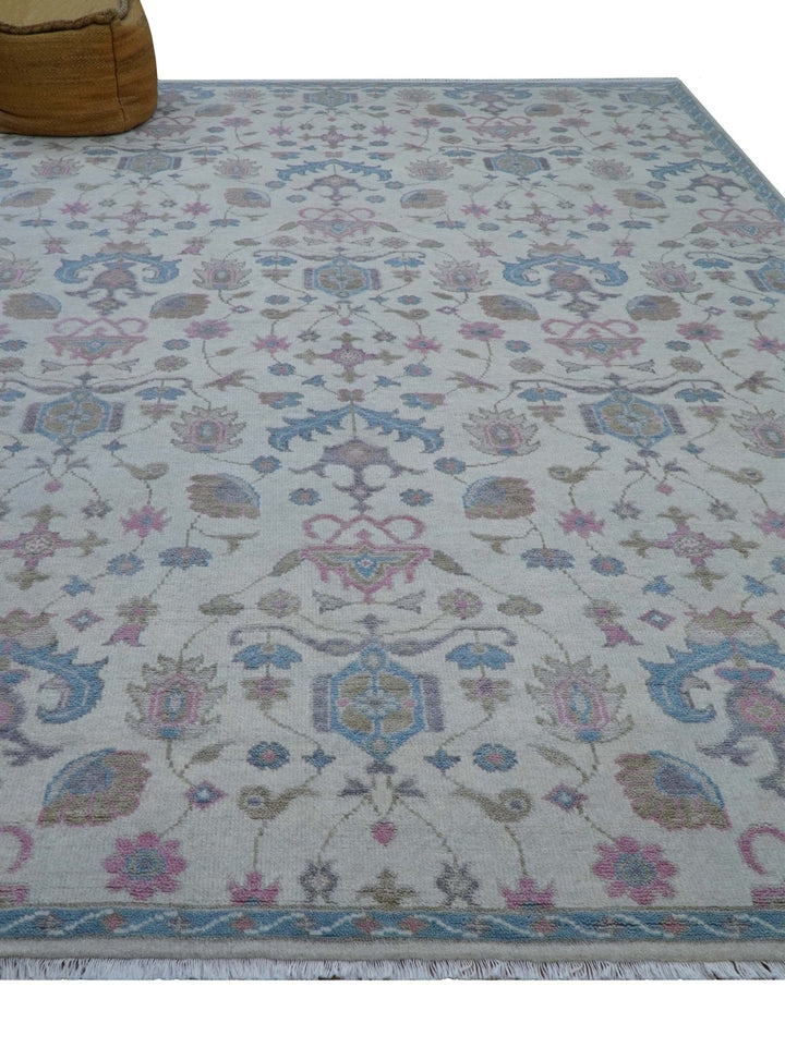 Custom Made Traditional Style Ivory And Blue Hand Knotted Wool Area Rug - The Rug Decor