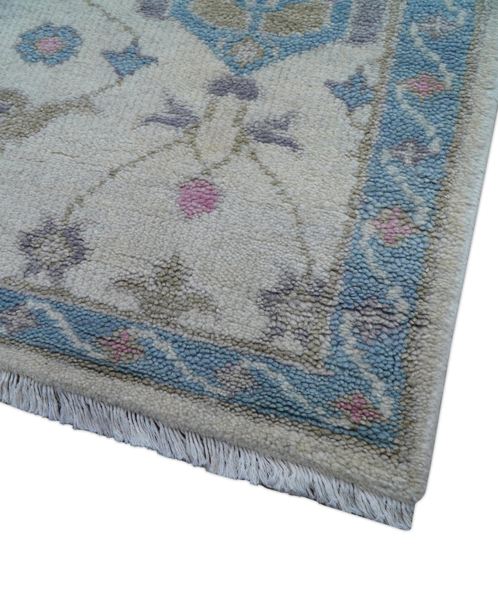Custom Made Traditional Style Ivory And Blue Hand Knotted Wool Area Rug - The Rug Decor