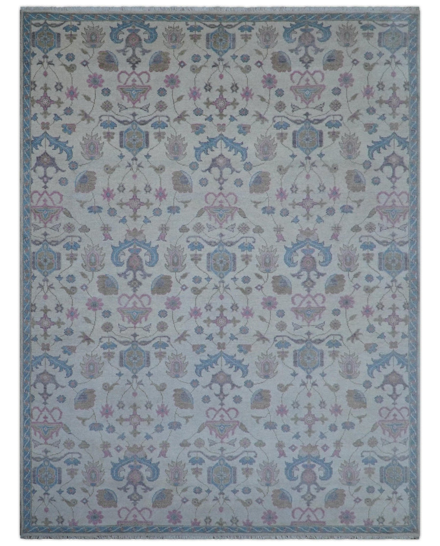 Custom Made Traditional Style Ivory And Blue Hand Knotted Wool Area Rug - The Rug Decor