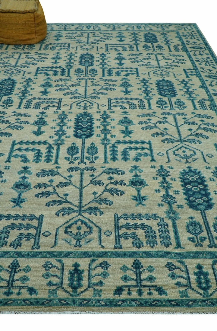 Custom Made Traditional Tree of Life Teal And Ivory Hand Knotted Wool Rug - The Rug Decor