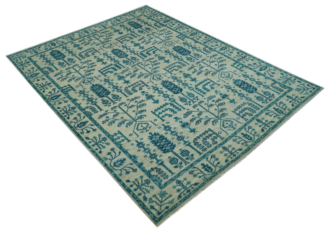 Custom Made Traditional Tree of Life Teal And Ivory Hand Knotted Wool Rug - The Rug Decor