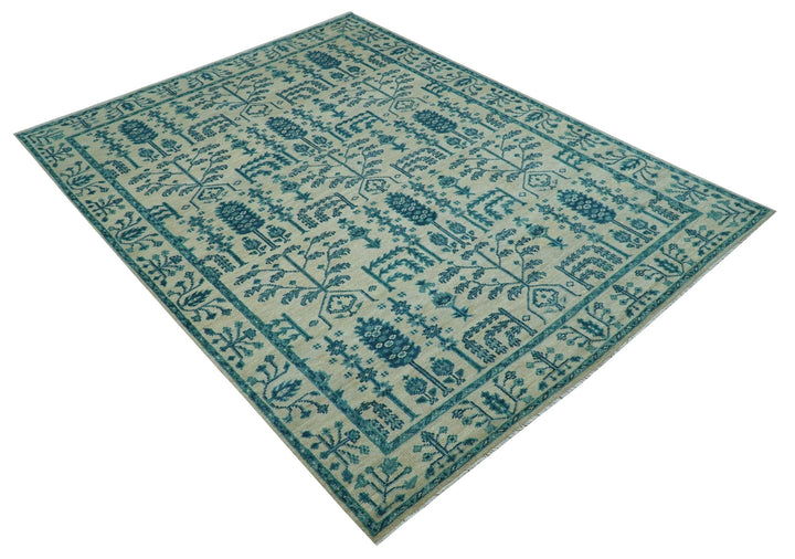 Custom Made Traditional Tree of Life Teal And Ivory Hand Knotted Wool Rug - The Rug Decor