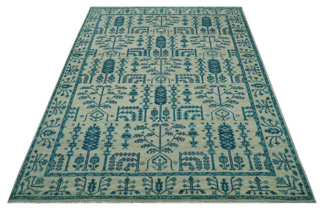Custom Made Traditional Tree of Life Teal And Ivory Hand Knotted Wool Rug - The Rug Decor