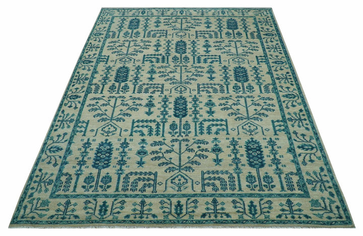 Custom Made Traditional Tree of Life Teal And Ivory Hand Knotted Wool Rug - The Rug Decor