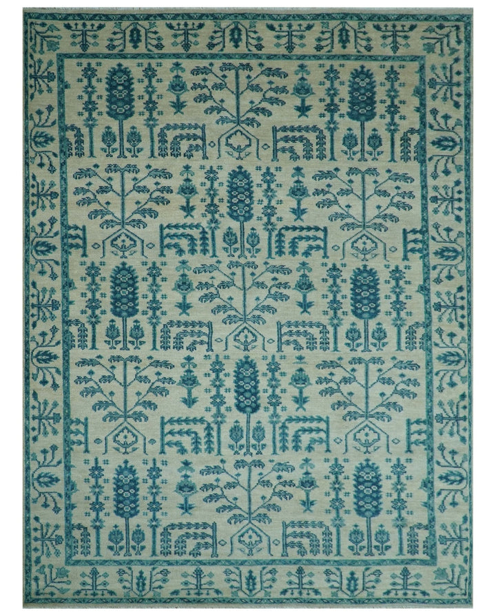 Custom Made Traditional Tree of Life Teal And Ivory Hand Knotted Wool Rug - The Rug Decor