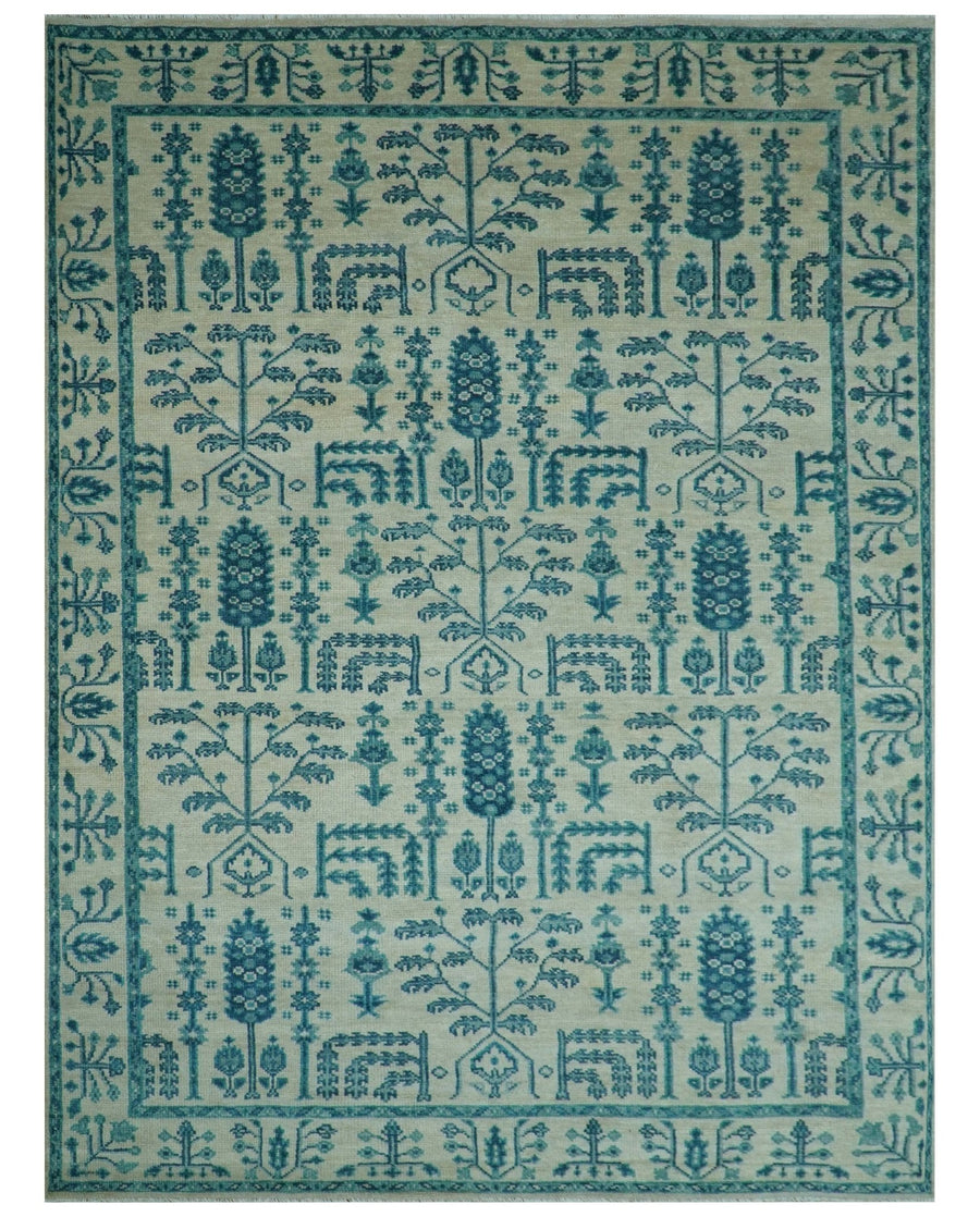 Custom Made Traditional Tree of Life Teal And Ivory Hand Knotted Wool Rug - The Rug Decor