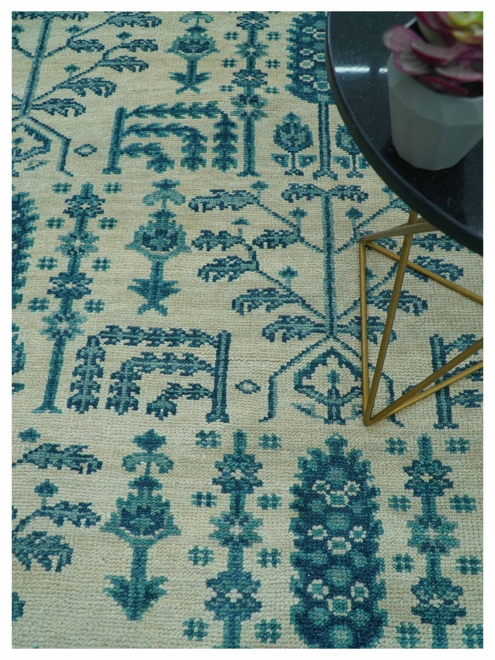 Custom Made Traditional Tree of Life Teal And Ivory Hand Knotted Wool Rug - The Rug Decor
