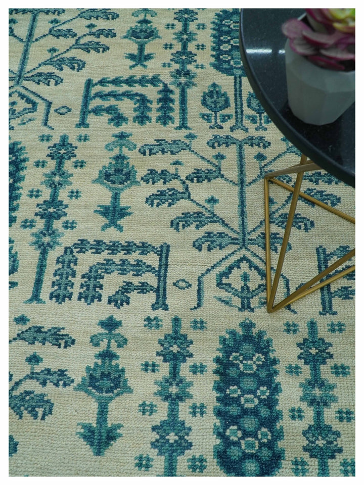 Custom Made Traditional Tree of Life Teal And Ivory Hand Knotted Wool Rug - The Rug Decor