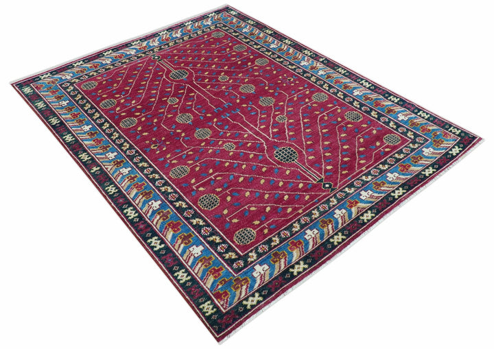Custom Made Traditional Tribal Design Red And Blue Hand Knotted Wool Rug - The Rug Decor