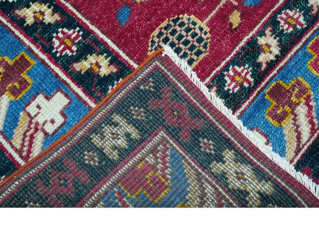 Custom Made Traditional Tribal Design Red And Blue Hand Knotted Wool Rug - The Rug Decor